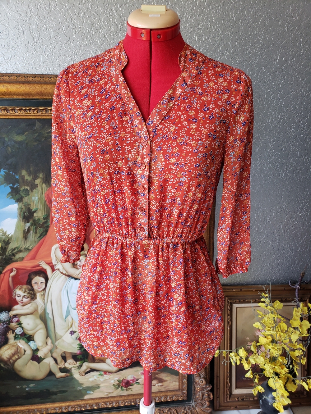 Mossimo Supply Co. Orange Floral Button-Front Peplum Tunic